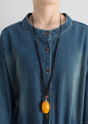 Plus Size Blue O-Neck Button Floral Baumwoll-Denim-Overall mit langen Ärmeln