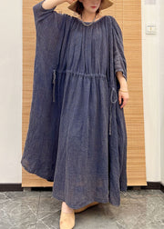 Plus Size Blue O Neck Drawstring Patchwork Linen Long Dresses Summer