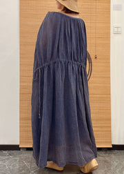 Plus Size Blue O Neck Drawstring Patchwork Linen Long Dresses Summer