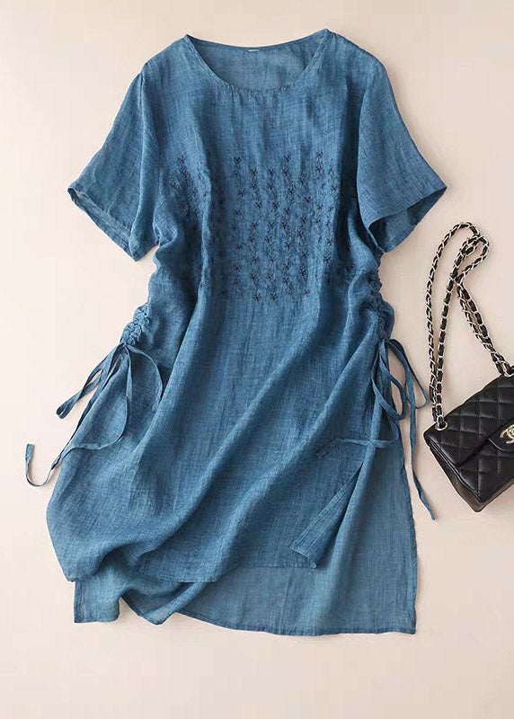 Plus Size Blue O-Neck Embroidered Cotton Dress Short Sleeve