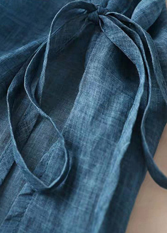 Plus Size Blau O-Ausschnitt besticktes Baumwollkleid mit kurzen Ärmeln