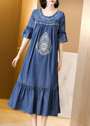 Plus Size Blue O-Neck Embroidered Ruffles Cotton Denim Dress Flare Sleeve
