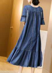 Plus Size Blue O-Neck Embroidered Ruffles Cotton Denim Dress Flare Sleeve