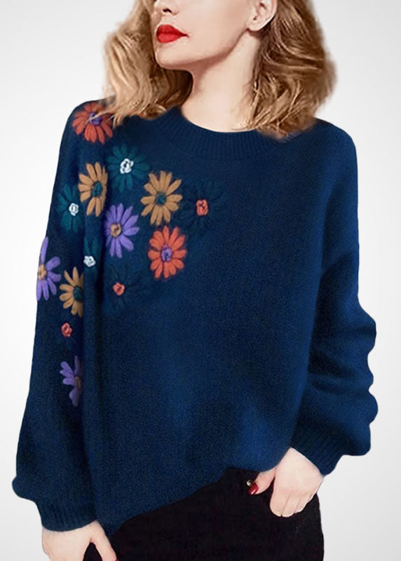 Plus Size Blue O-Neck Floral Embroidered Wool Sweaters Winter
