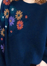 Plus Size Blue O-Neck Floral Embroidered Wool Sweaters Winter