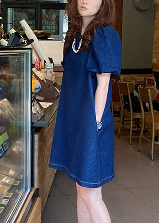 Plus Size Blue O-Neck Patchwork Cozy Mid Denim Dresses Short Sleeve
