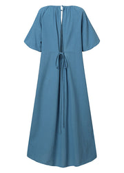 Plus Size Blue O-Neck Patchwork Tie Waist Long Dress Short Sleeve