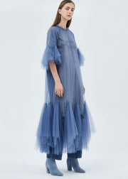 Plus Size Blue O-Neck Patchwork Tulle Maxi Dresses Half Sleeve