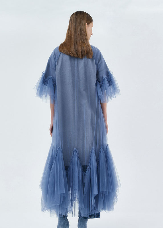 Plus Size Blue O-Neck Patchwork Tulle Maxi Dresses Half Sleeve