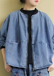 Plus Size Blue O-Neck Patchwork zippered Denim Coats Spring
