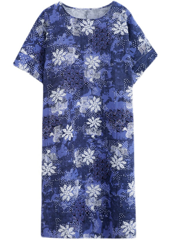 Plus Size Blue O-Neck Print Cotton Holiday Dress Short Sleeve