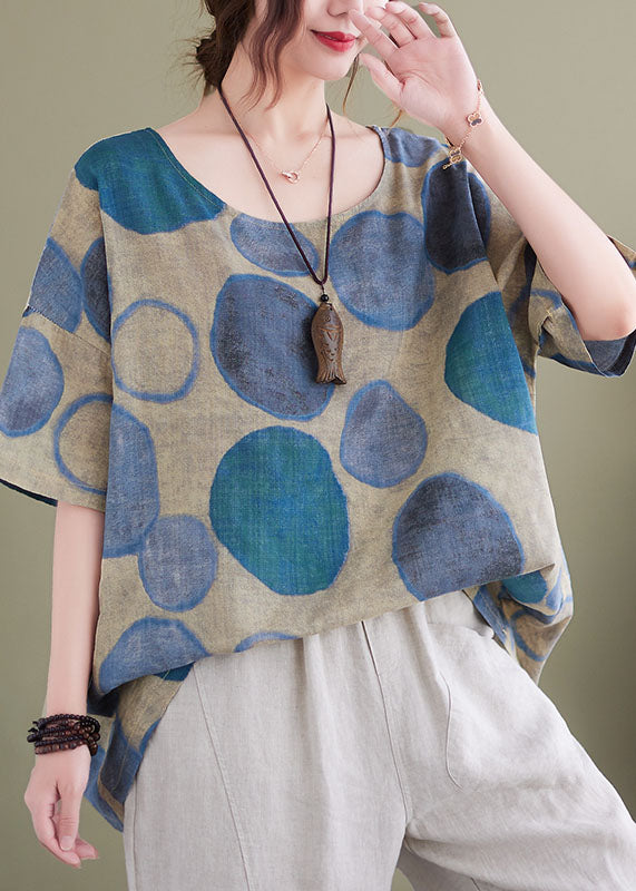 Plus Size Blue O-Neck Print Linen Tank Tops For Women Short Sleeve
