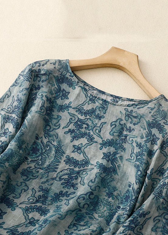 Plus Size Blue O Neck Print Patchwork Cotton T Shirt Long Sleeve