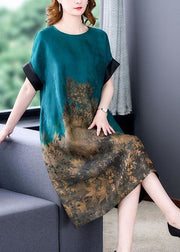 Plus Size Blue O Neck Print Patchwork Silk Dress Summer