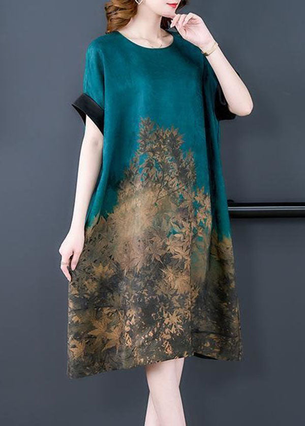 Plus Size Blue O Neck Print Patchwork Silk Dress Summer