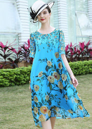 Plus Size Blue O-Neck Print Silk Vacation Dress Summer