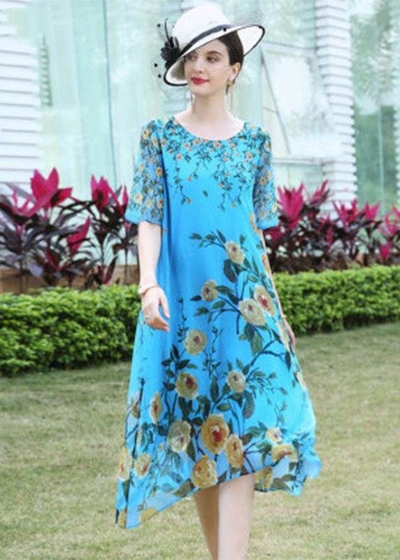 Plus Size Blue O-Neck Print Silk Vacation Dress Summer