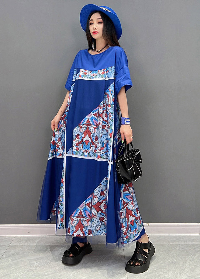 Plus Size Blue O-Neck Print Tulle Patchwork Dresses Short Sleeve