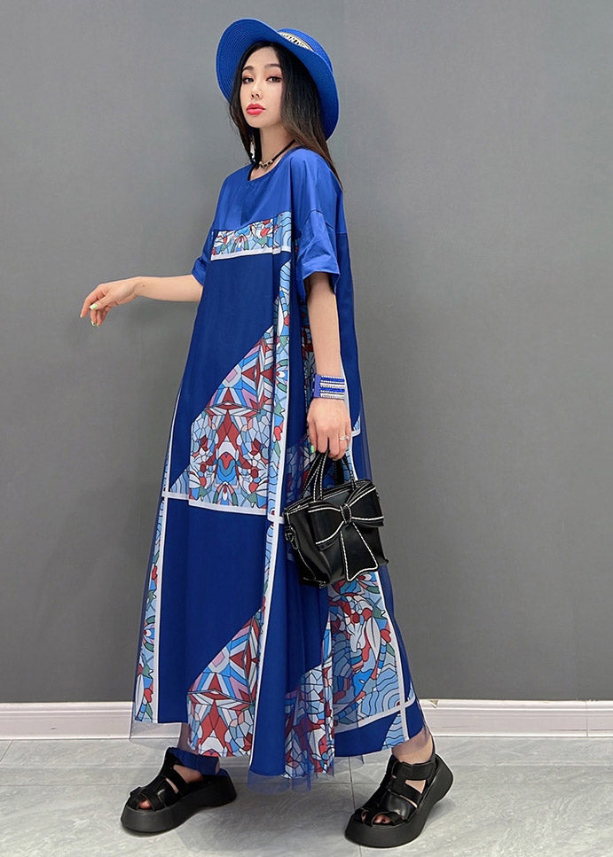 Plus Size Blue O-Neck Print Tulle Patchwork Dresses Short Sleeve