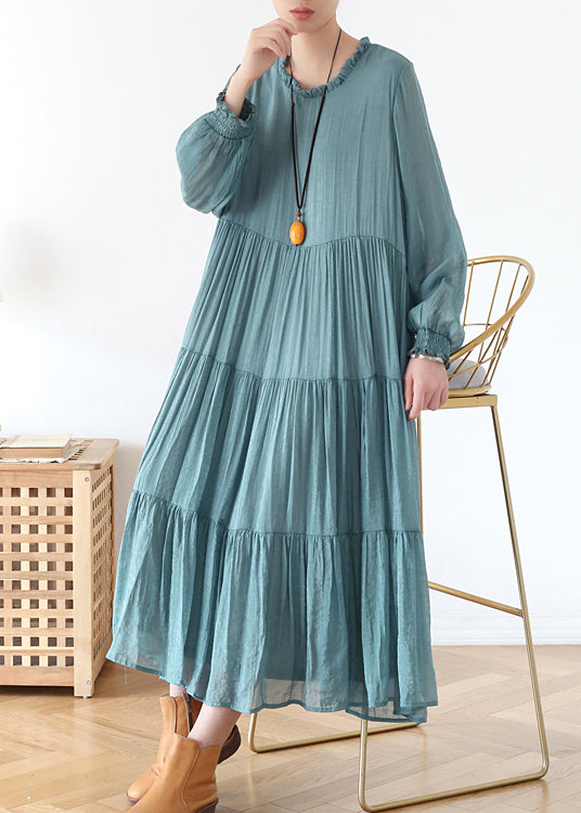 Plus Size Blue O-Neck Ruffled Wrinkled Vacation Dress lantern sleeve