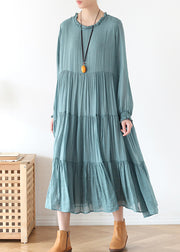 Plus Size Blue O-Neck Ruffled Wrinkled Vacation Dress lantern sleeve