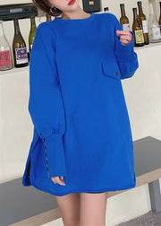 Plus Size Blue O Neck Side Open Cotton Tops Fall