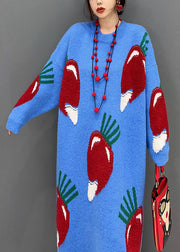 Plus Size Blue O Neck Strawberry Jacquard Long Knit Dress Winter