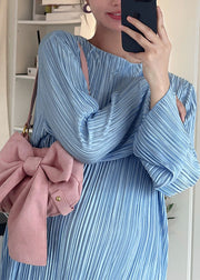 Plus Size Blue O-Neck Tassel Patchwork Cozy Long Dress Long Sleeve