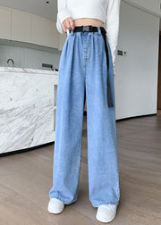 Plus Size Blue Original Design Elastic Waist Pockets Cotton Denim Wide Leg Pants Summer
