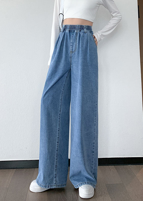 Plus Size Blau Original Design Elastische Taillentaschen Baumwolle Denim Hose mit weitem Bein Sommer
