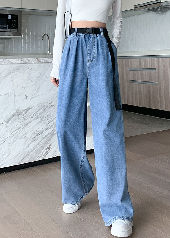 Plus Size Blue Original Design Elastic Waist Pockets Cotton Denim Wide Leg Pants Summer