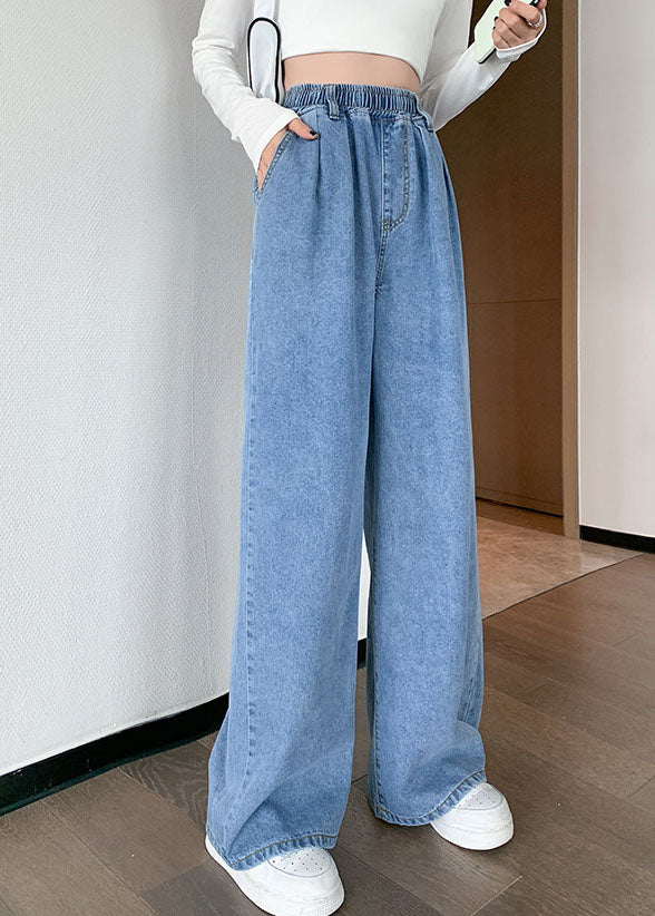 Plus Size Blau Original Design Elastische Taillentaschen Baumwolle Denim Hose mit weitem Bein Sommer