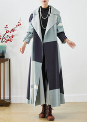 Plus Size Blue Oversized Patchwork Cotton Trench Fall