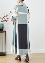 Plus Size Blue Oversized Patchwork Cotton Trench Fall