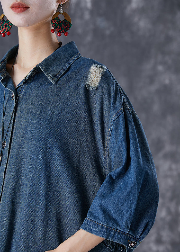 Plus Size Blue Oversized Patchwork Denim Ripped Trench Coats Fall