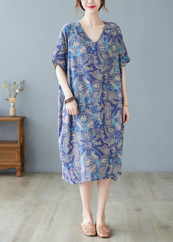 Plus Size Blue Oversized Print Cotton Beach Dress Summer