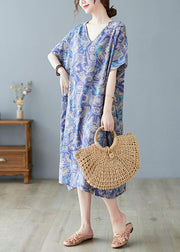 Plus Size Blue Oversized Print Cotton Beach Dress Summer