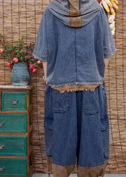 Plus Size Blue Patchwork Hooded Top And Wide Leg Pants Two Pieces Set Summer