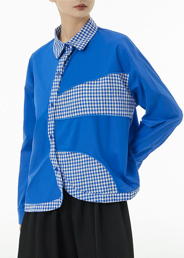Plus Size Blue Peter Pan Collar Patchwork Plaid Cotton Shirts Spring