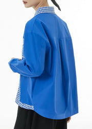 Plus Size Blue Peter Pan Collar Patchwork Plaid Cotton Shirts Spring
