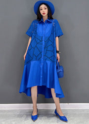 Plus Size Blue Peter Pan Collar Patchwork Ruffles Low High Design Cotton Dress Short Sleeve