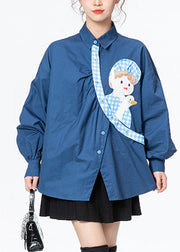 Plus Size Blue Peter Pan Collar Print Button Cotton Shirts Long Sleeve