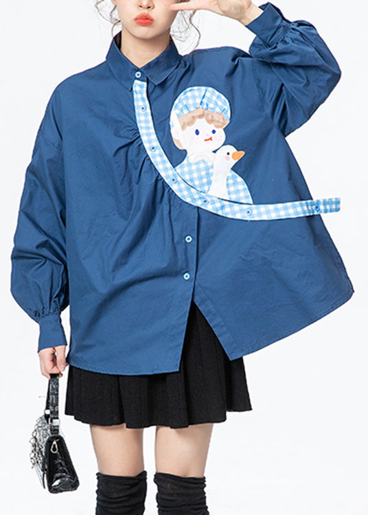 Plus Size Blue Peter Pan Collar Print Button Cotton Shirts Long Sleeve