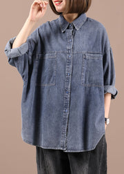 Plus Size Blue PeterPan Collar Pockets Button Fall Coat Long Sleeve