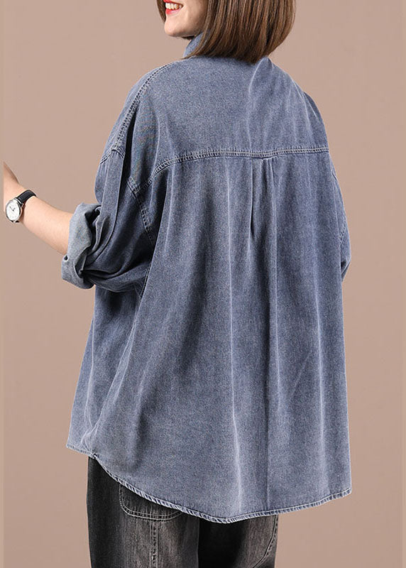 Plus Size Blue PeterPan Collar Pockets Button Fall Coat Long Sleeve