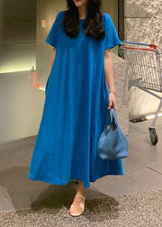 Plus Size Blue Pockets Cotton Long Dress Short Sleeve