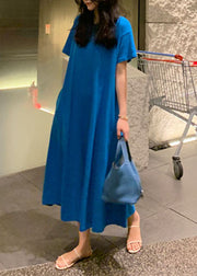 Plus Size Blaue Taschen Baumwolle Langes Kleid Kurzarm