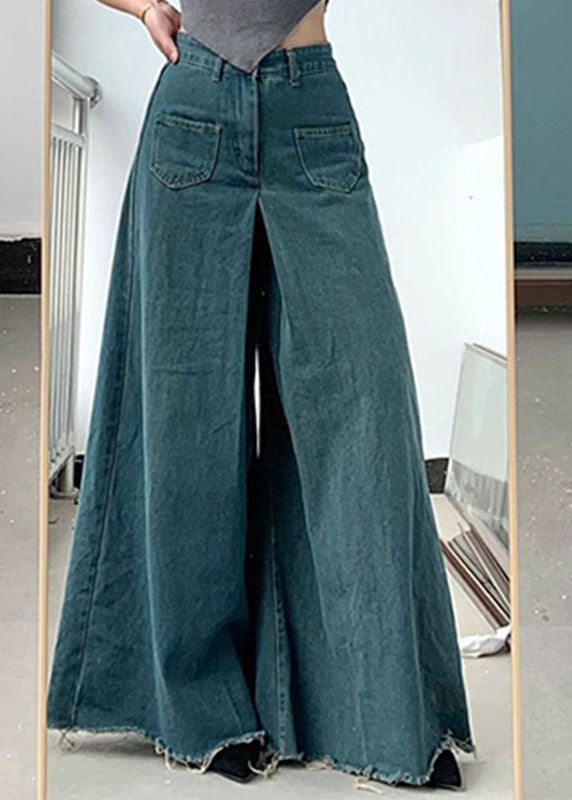 Plus Size Blue Pockets Draping Wide Leg Jeans Spring
