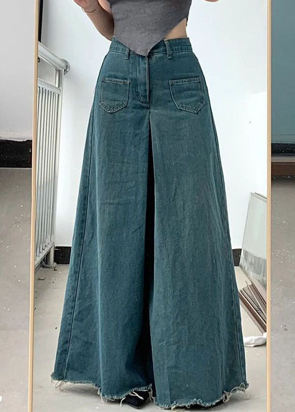 Plus Size Blue Pockets Draping Wide Leg Jeans Spring