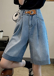 Plus Size Blue Pockets Patchwork Sashes Shorts Summer